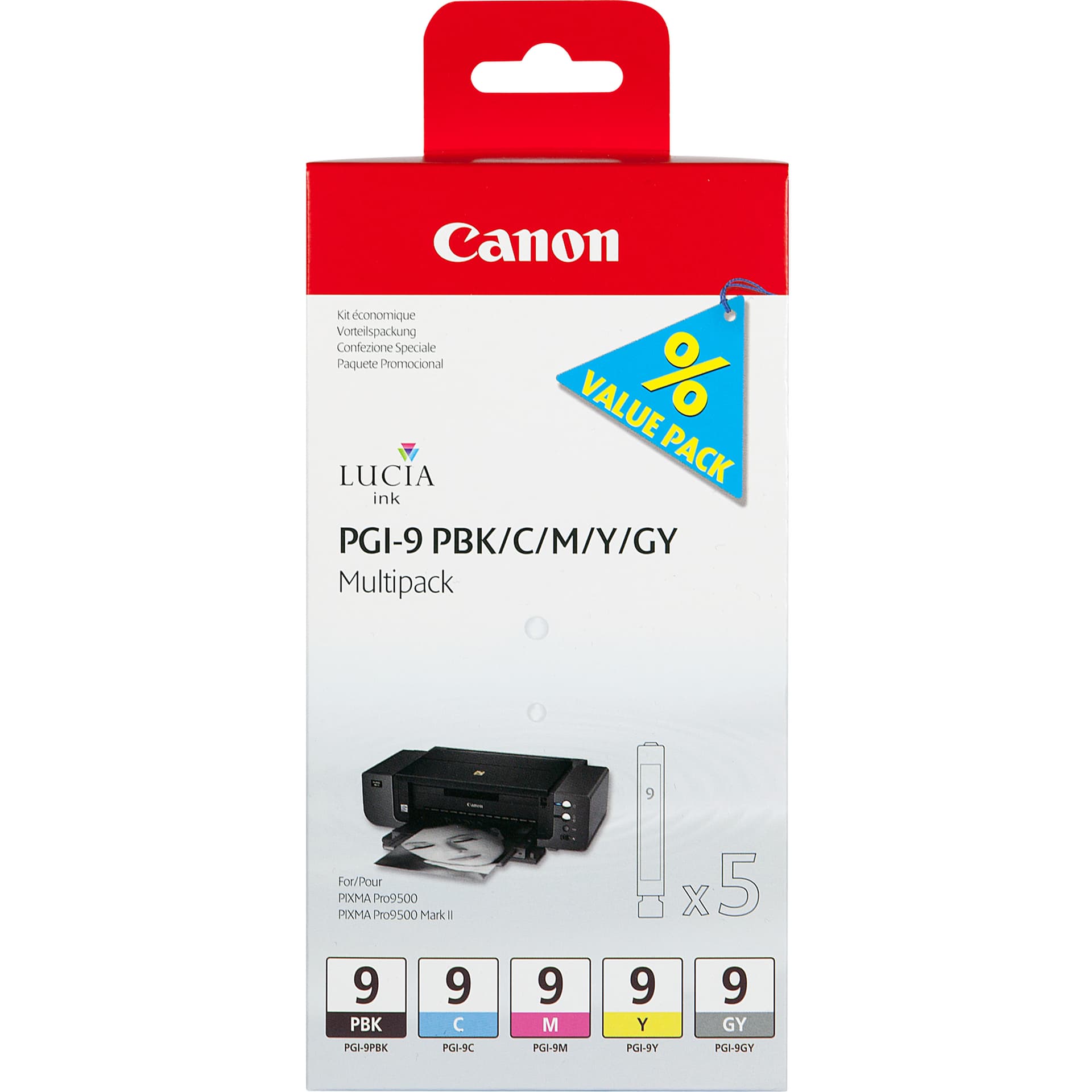Canon PGI-9 PBK/C/M/Y/GY Multi-Pack - Pack de 5 - cinza, amarelo, azul cyan, magenta, preto foto - original - tanque de tinta - para PIXMA iX7000, MX7600, Pro9500, Pro9500 Mark II