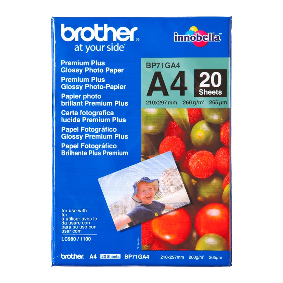 Brother Innobella Premium Plus BP71GA4 - Brilhante - A4 (210 x 297 mm) - 260 g/m² - 20 folha(s) papel fotográfico - para Brother DCP-J1140, J1200, J1800, J4140, J926, J981, MFC-J2340, J3540, J3940, J5340, J739