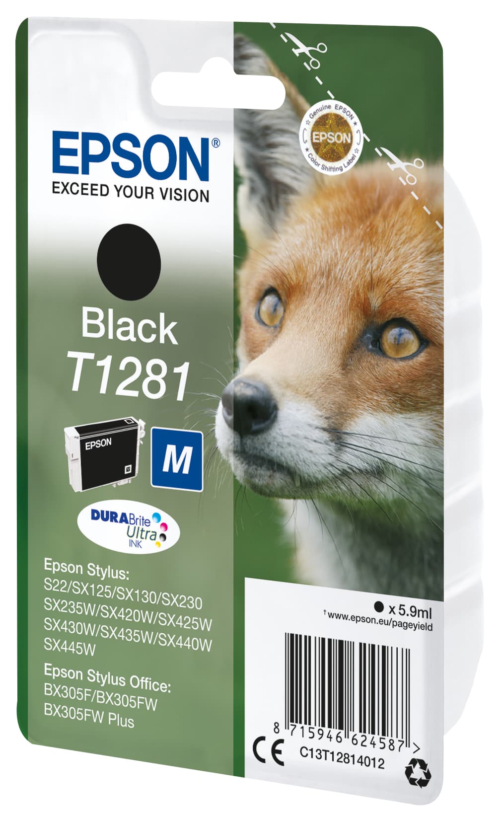 Epson T1281 - Tamanho M - preto - original - blister com RF/alarme acústico - tinteiro - para Stylus S22, SX230, SX235, SX420, SX430, SX435, SX438, SX440, SX445, Stylus Office BX305