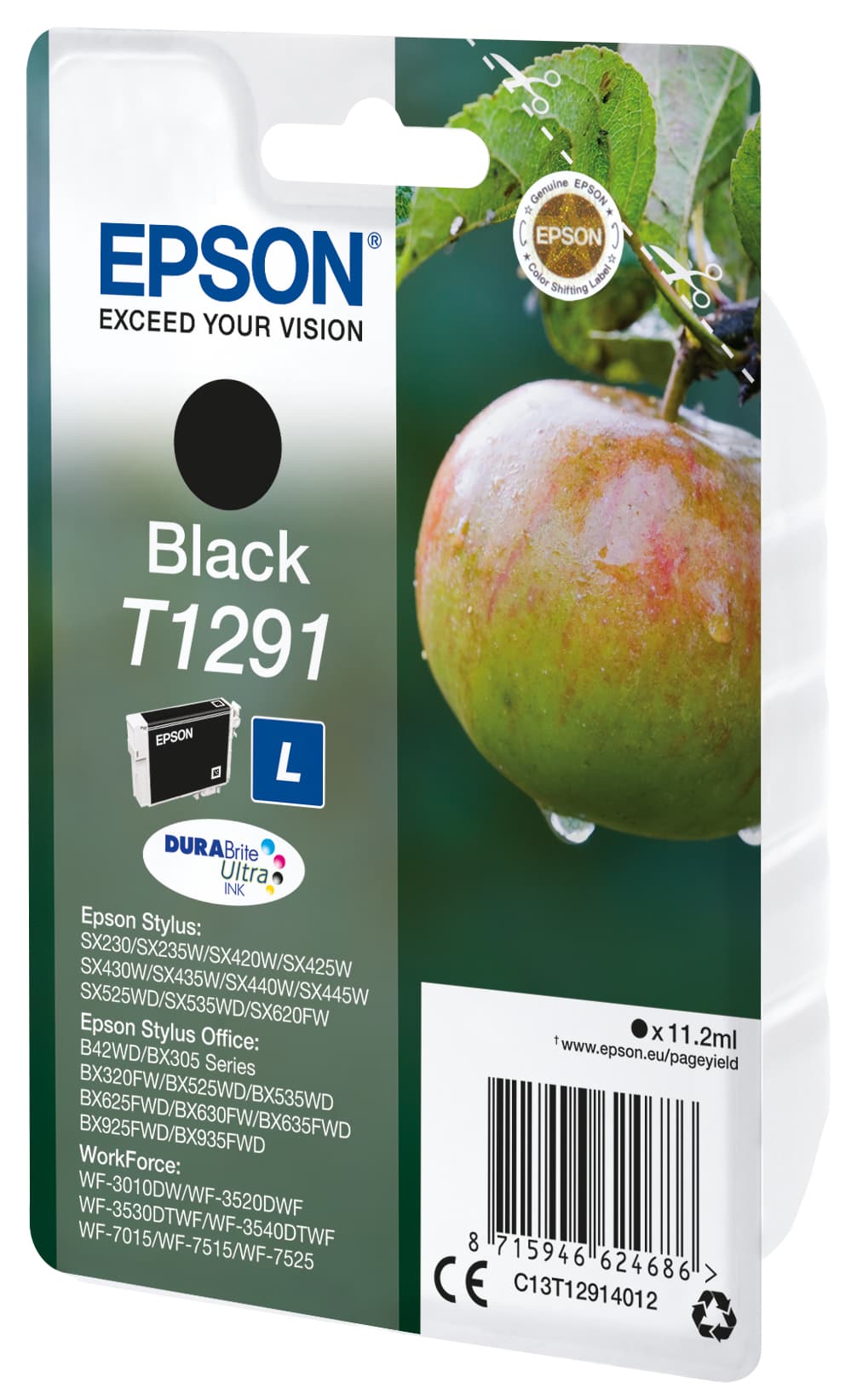 Epson T1291 - Tamanho L - preto - original - blister com alarme RF - tinteiro - para Stylus SX230, SX235, SX430, SX438, WorkForce WF-3010, 3520, 3530, 3540, 7015, 7515, 7525