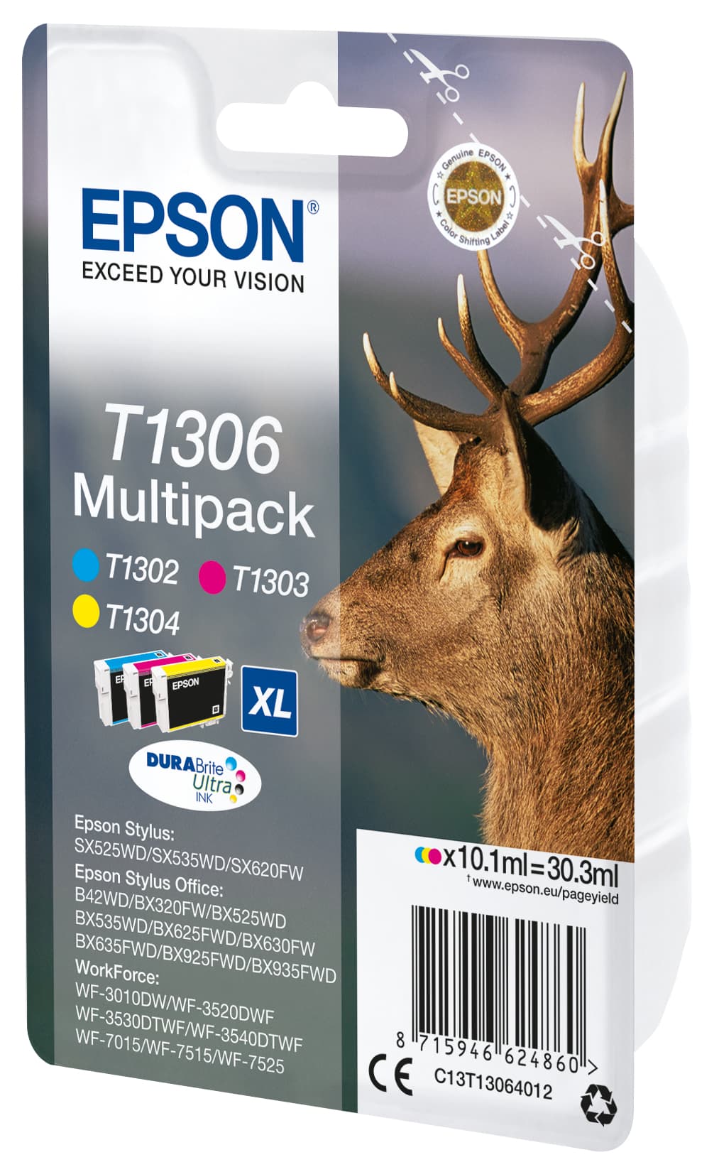 Epson T1306 Multipack - Pack de 3 - 30.3 ml - XL - amarelo, azul cyan, magenta - original - tinteiro - para Stylus Office BX630, BX635, BX935, WorkForce WF-3010, 3520, 3530, 3540, 7015, 7515, 7525