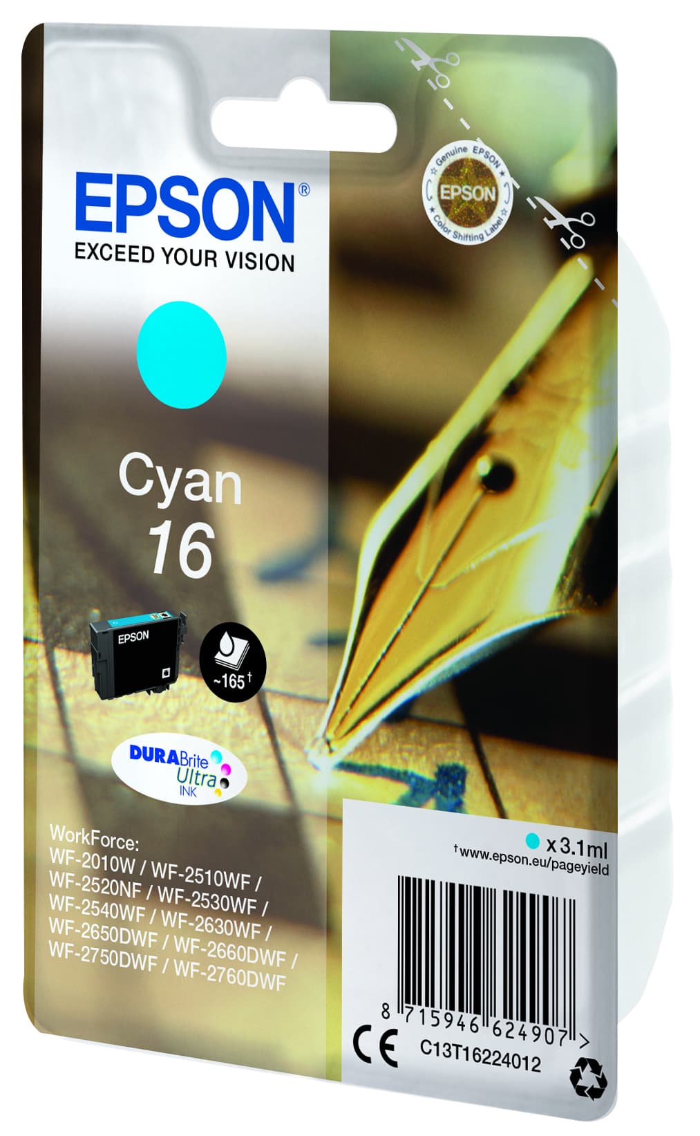 Epson 16 - 3.1 ml - azul cyan - original - blister com alarme RF - tinteiro - para WorkForce WF-2010, 2510, 2520, 2530, 2540, 2630, 2650, 2660, 2750, 2760
