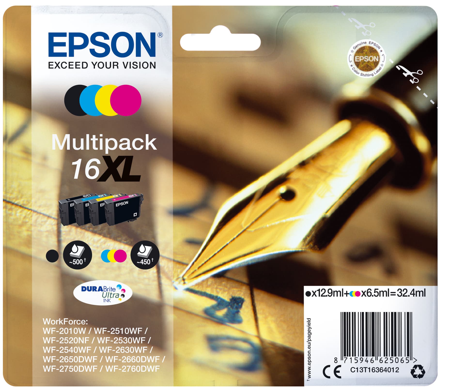 Epson 16XL Multipack - Pack de 4 - XL - preto, amarelo, azul cyan, magenta - original - blister com alarme RF - tinteiro - para WorkForce WF-2010, 2510, 2520, 2530, 2540, 2630, 2650, 2660, 2750, 2760
