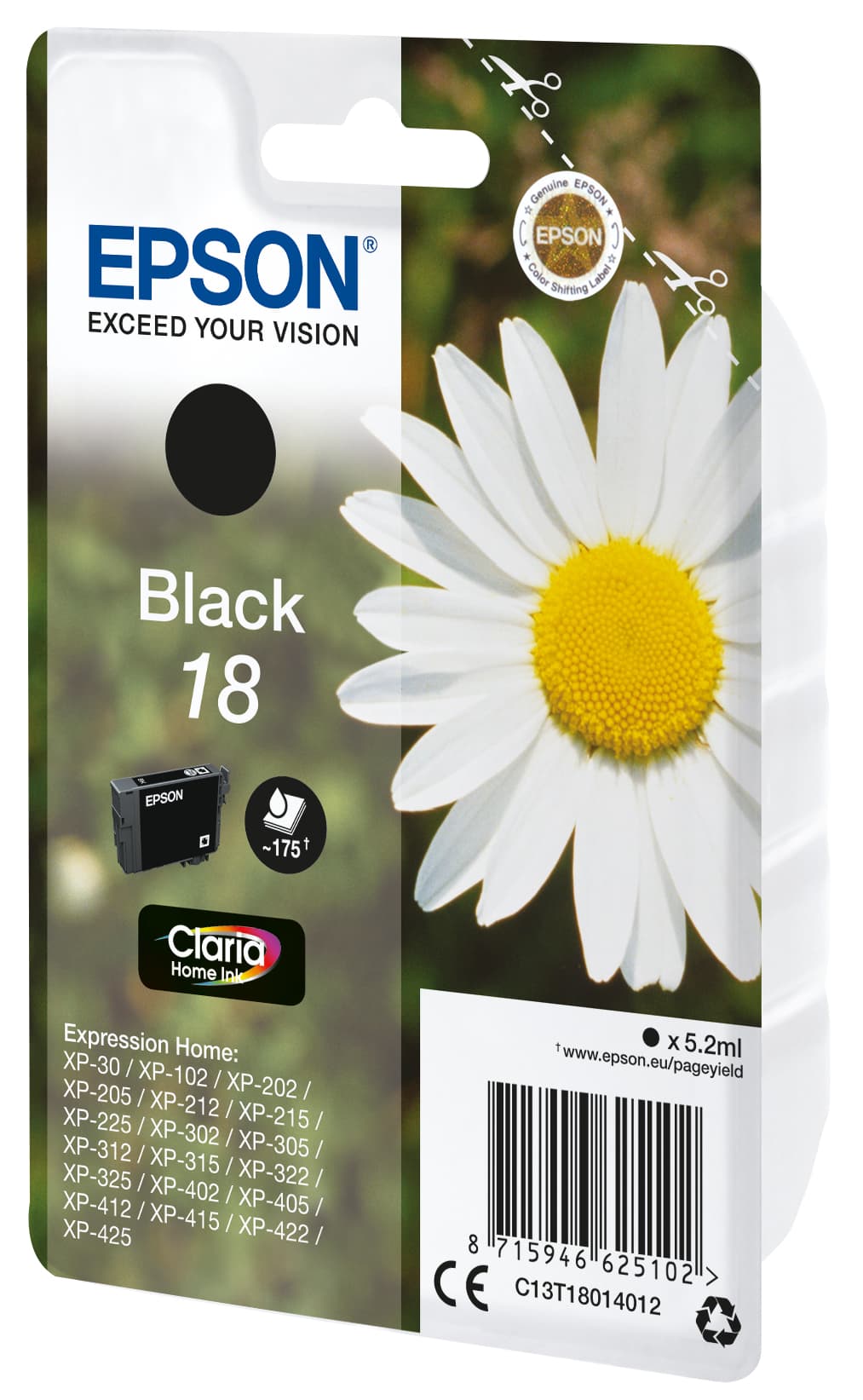 Epson 18 - 5.2 ml - preto - original - blister com RF/alarme acústico - tinteiro - para Expression Home XP-212, 215, 225, 312, 315, 322, 325, 412, 415, 422, 425