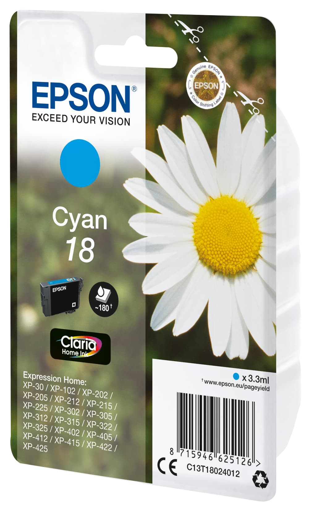 Epson 18 - 3.3 ml - azul cyan - original - blister com RF/alarme acústico - tinteiro - para Expression Home XP-212, 215, 225, 312, 315, 322, 325, 412, 415, 422, 425