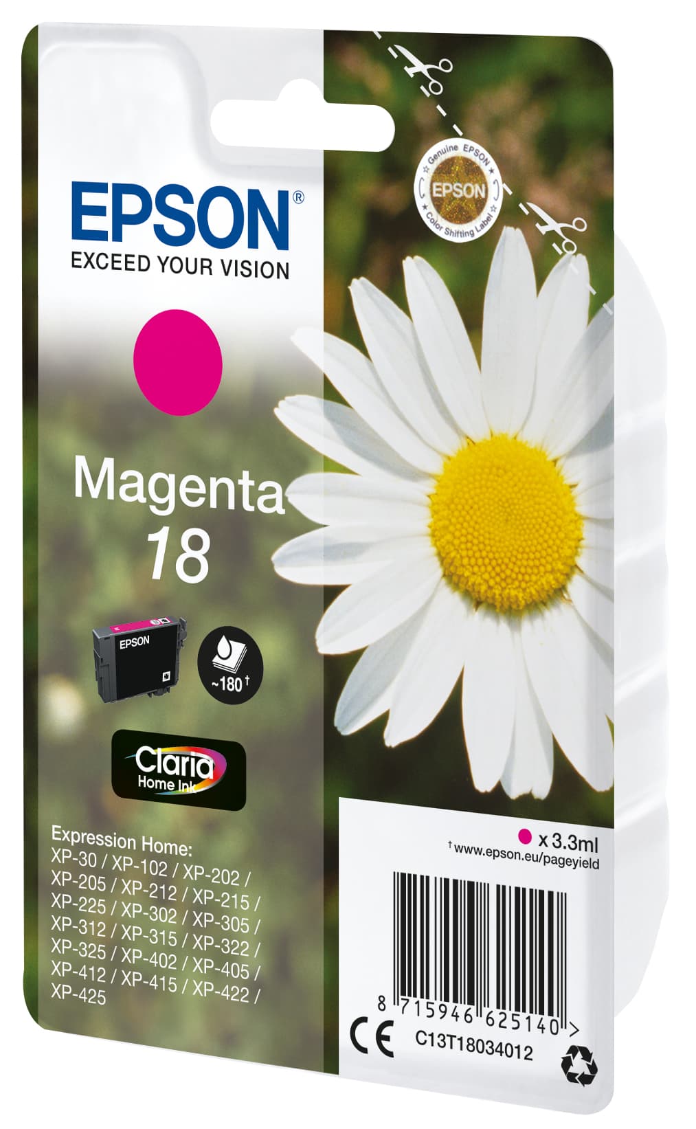 Epson 18 - 3.3 ml - magenta - original - blister com RF/alarme acústico - tinteiro - para Expression Home XP-212, 215, 225, 312, 315, 322, 325, 412, 415, 422, 425