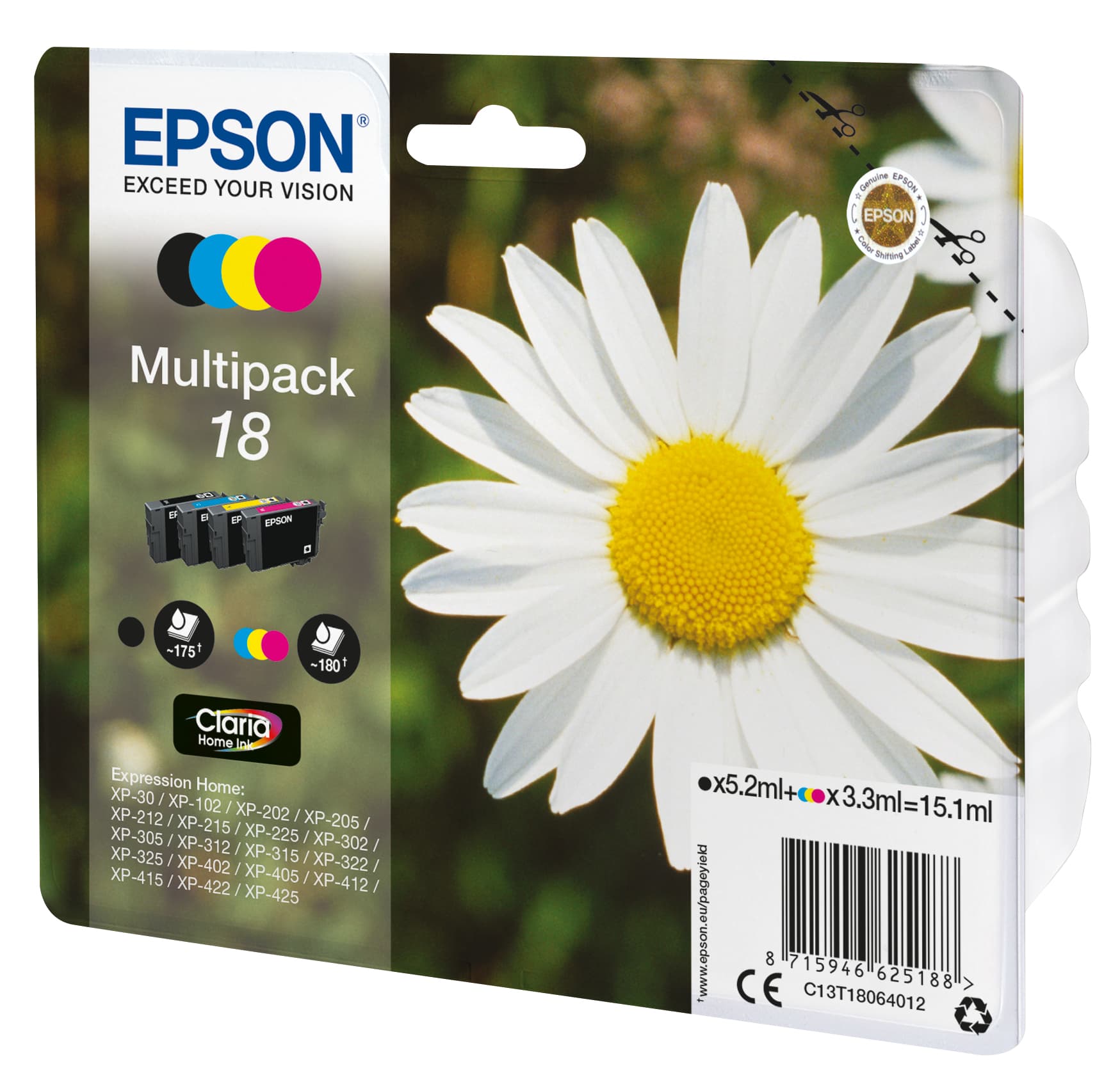 Epson 18 Multipack - Pack de 4 - 15.1 ml - preto, amarelo, azul cyan, magenta - original - tinteiro - para Expression Home XP-212, 215, 225, 312, 315, 322, 325, 412, 415, 422, 425