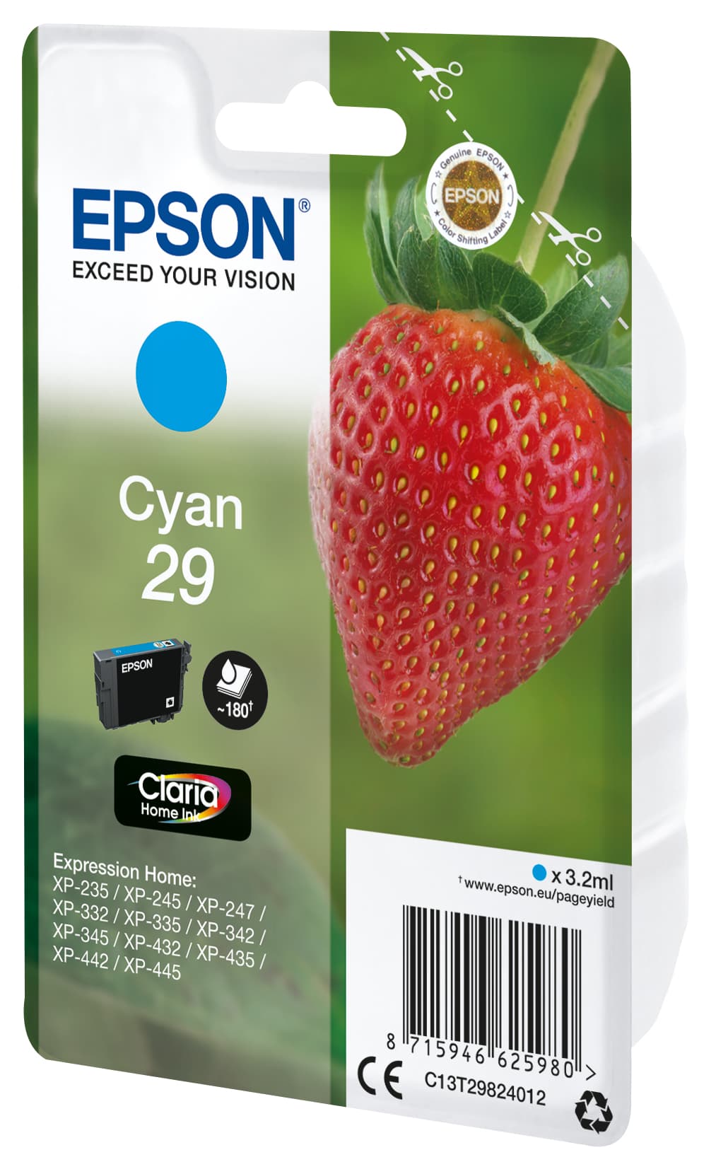Epson 29 - 3.2 ml - azul cyan - original - blister com RF/alarme acústico - tinteiro - para Expression Home XP-235, 245, 247, 255, 332, 335, 342, 345, 432, 435, 442, 445, 455