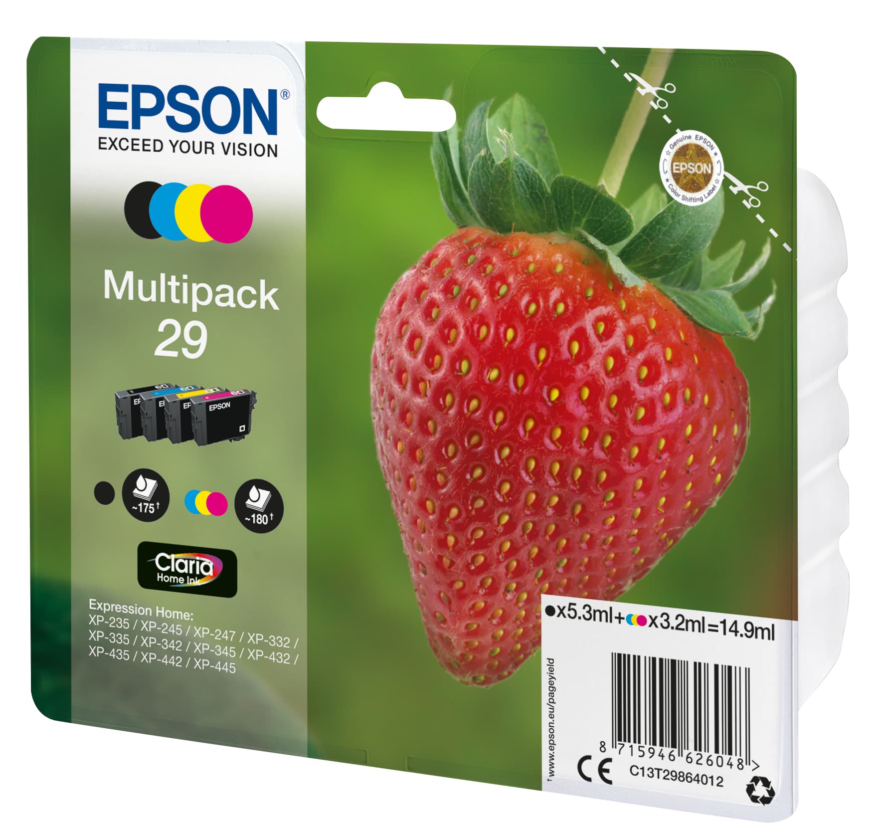 Epson 29 Multipack - Pack de 4 - 14.9 ml - preto, amarelo, azul cyan, magenta - original - blister com RF/alarme acústico - tinteiro - para Expression Home XP-235, 245, 247, 255, 332, 335, 342, 345, 432, 435, 442, 445, 455