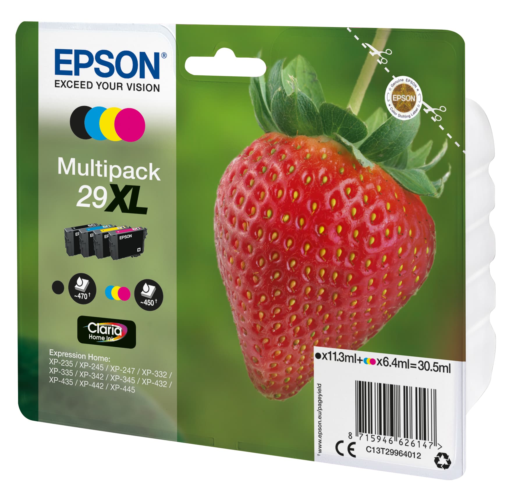 Epson 29XL Multipack - Pack de 4 - 30.5 ml - XL - preto, amarelo, azul cyan, magenta - original - blister com RF/alarme acústico - tinteiro - para Expression Home XP-235, 245, 247, 255, 332, 335, 342, 345, 432, 435, 442, 445, 455