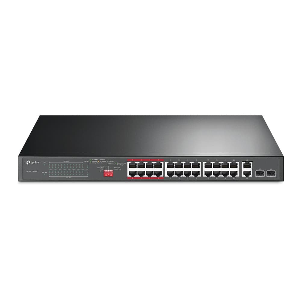 TP-LINK 26-Port 10/100Mbps PoE+ Switch 24 10/100Mbps PoE+ Ports 2 Gigabit RJ45 Ports 2 Combo SFP Slots 802.3at/af 250W PoE