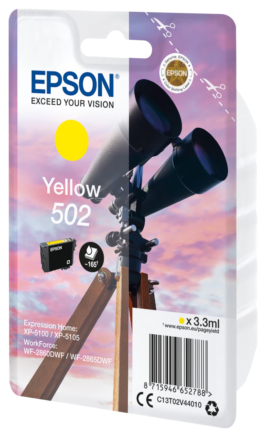 Epson 502 - 3.3 ml - amarelo - original - blister com RF/alarme acústico - tinteiro - para Expression Home XP-5100, XP-5150, WorkForce WF-2860, WF-2865DWF, WF-2880DWF, WF-2885DWF