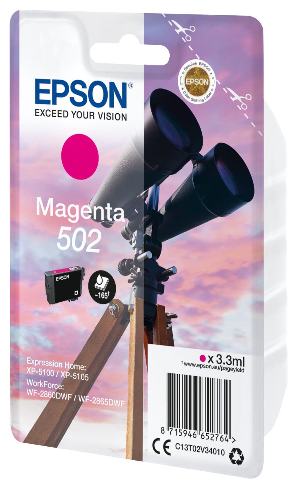 Epson 502 - 3.3 ml - magenta - original - blister com RF/alarme acústico - tinteiro - para Expression Home XP-5100, XP-5150, WorkForce WF-2860, WF-2865DWF, WF-2880DWF, WF-2885DWF