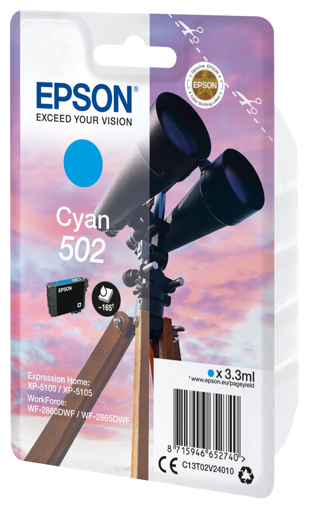 Epson 502 - 3.3 ml - azul cyan - original - blister com RF/alarme acústico - tinteiro - para Expression Home XP-5100, XP-5150, WorkForce WF-2860, WF-2865DWF, WF-2880DWF, WF-2885DWF