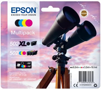 Epson 502/502XL Multipack - Pack de 4 - 19.1 ml - preto, amarelo, azul cyan, magenta - original - blister - tinteiro - para Expression Home XP-5100, XP-5150, WorkForce WF-2860, WF-2865DWF, WF-2880DWF, WF-2885DWF