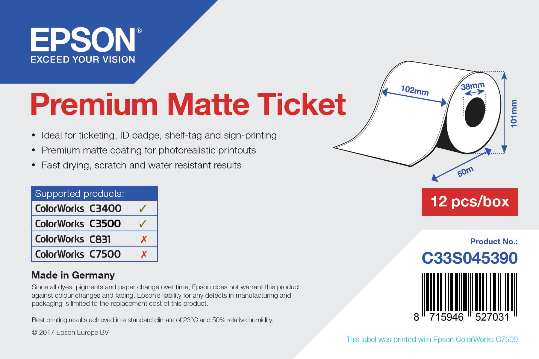 EPSON ROLO PAPEL PREMIUM MATTE 102mmx50m TM-C3400