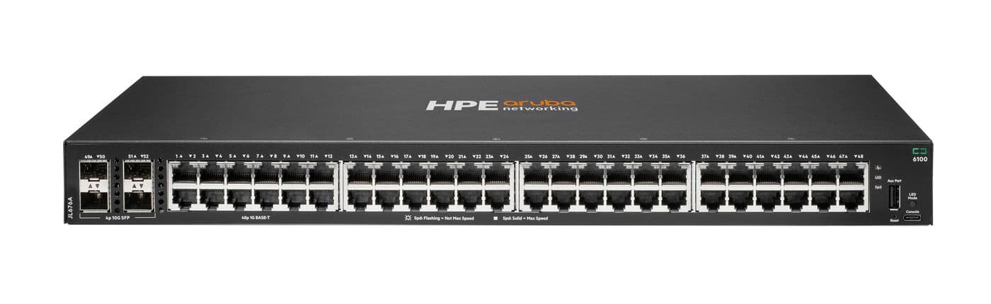 HPE Aruba 6100 48G 4SFP+ Switch - Interruptor - Administrado - 48 x 10/100/1000 + 4 x 1 Gigabit / 10 Gigabit SFP+ - fluxo de ar lado para lado - montável em trilho