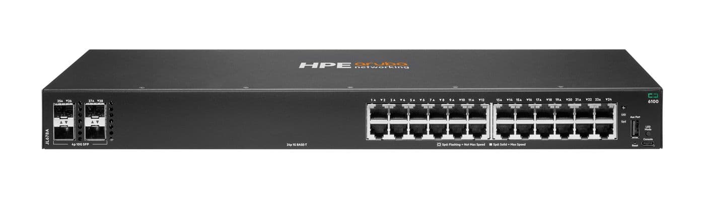 HPE Aruba 6100 24G 4SFP+ Switch - Interruptor - Administrado - 24 x 10/100/1000 + 4 x 1 Gigabit / 10 Gigabit SFP+ - fluxo de ar lado para lado - montável em trilho