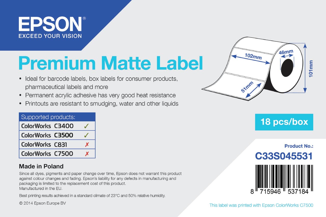 EPSON PAPEL PREMIUM MATTE LABEL 102MMX51MM 650 FOLHAS