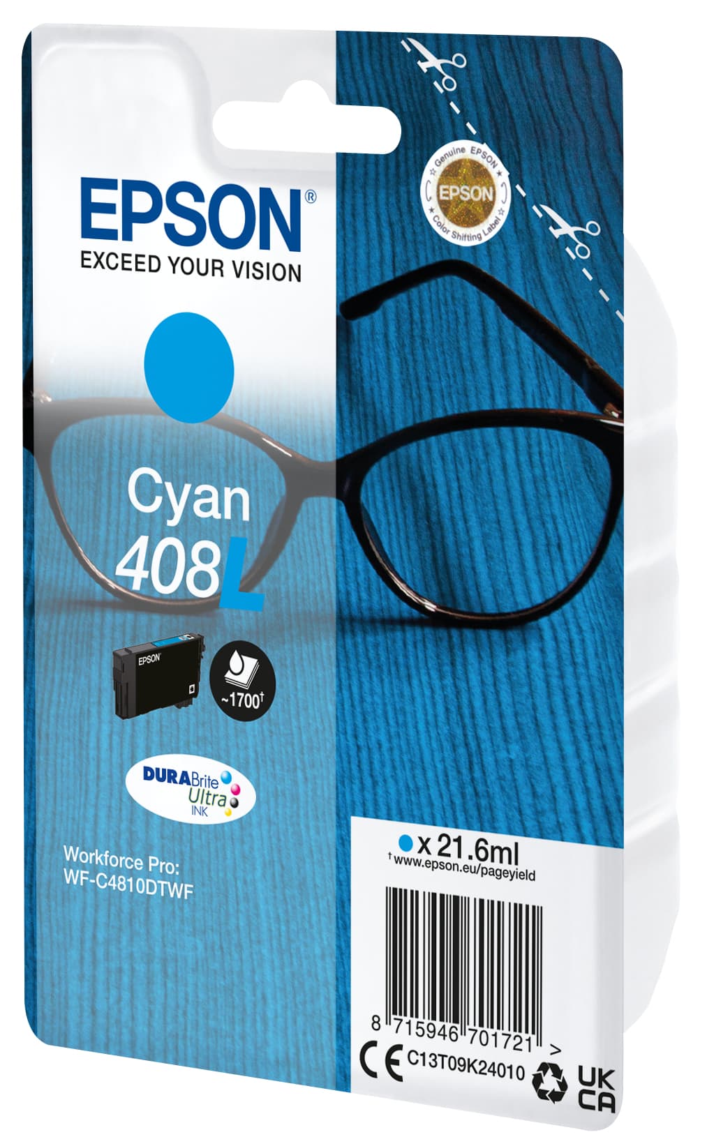 Epson 408L - 21.6 ml - azul cyan - original - blister - tinteiro - para WorkForce Pro WF-C4810DTWF