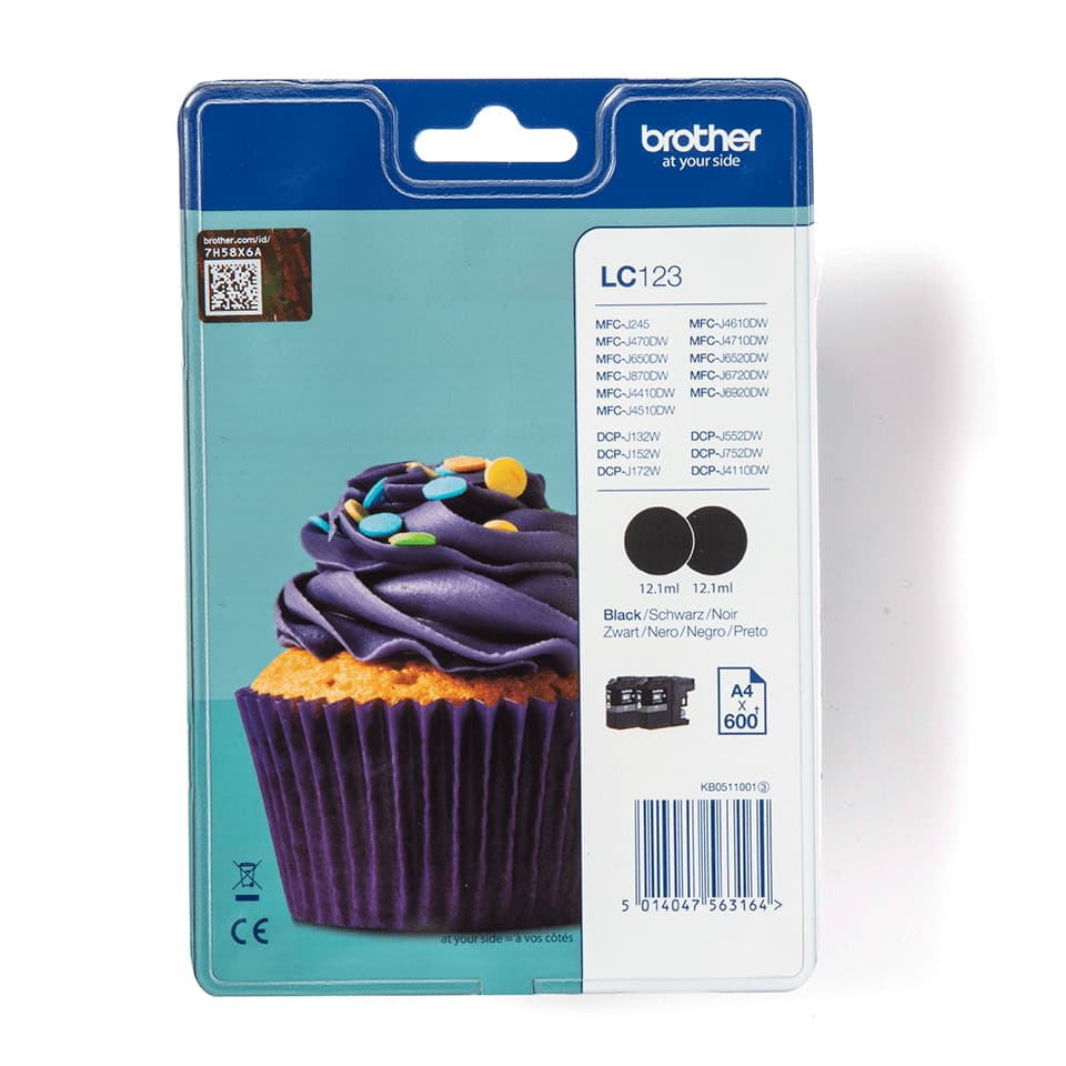 Brother LC123BK - Pack de 2 - Alto Rendimento - preto - original - blister - tinteiro - para Brother DCP-J100, DCP-J105, DCP-J132W, DCP-J4110DW, DCP-J552DW, DCP-J752DW