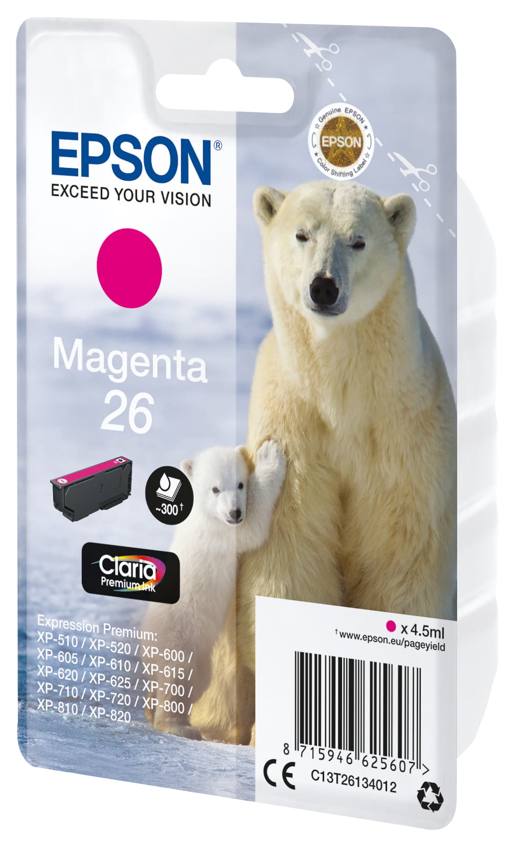 Epson 26 - 4.5 ml - magenta - original - blister com RF/alarme acústico - tinteiro - para Expression Premium XP-510, 520, 600, 605, 610, 615, 620, 625, 700, 710, 720, 800, 810, 820