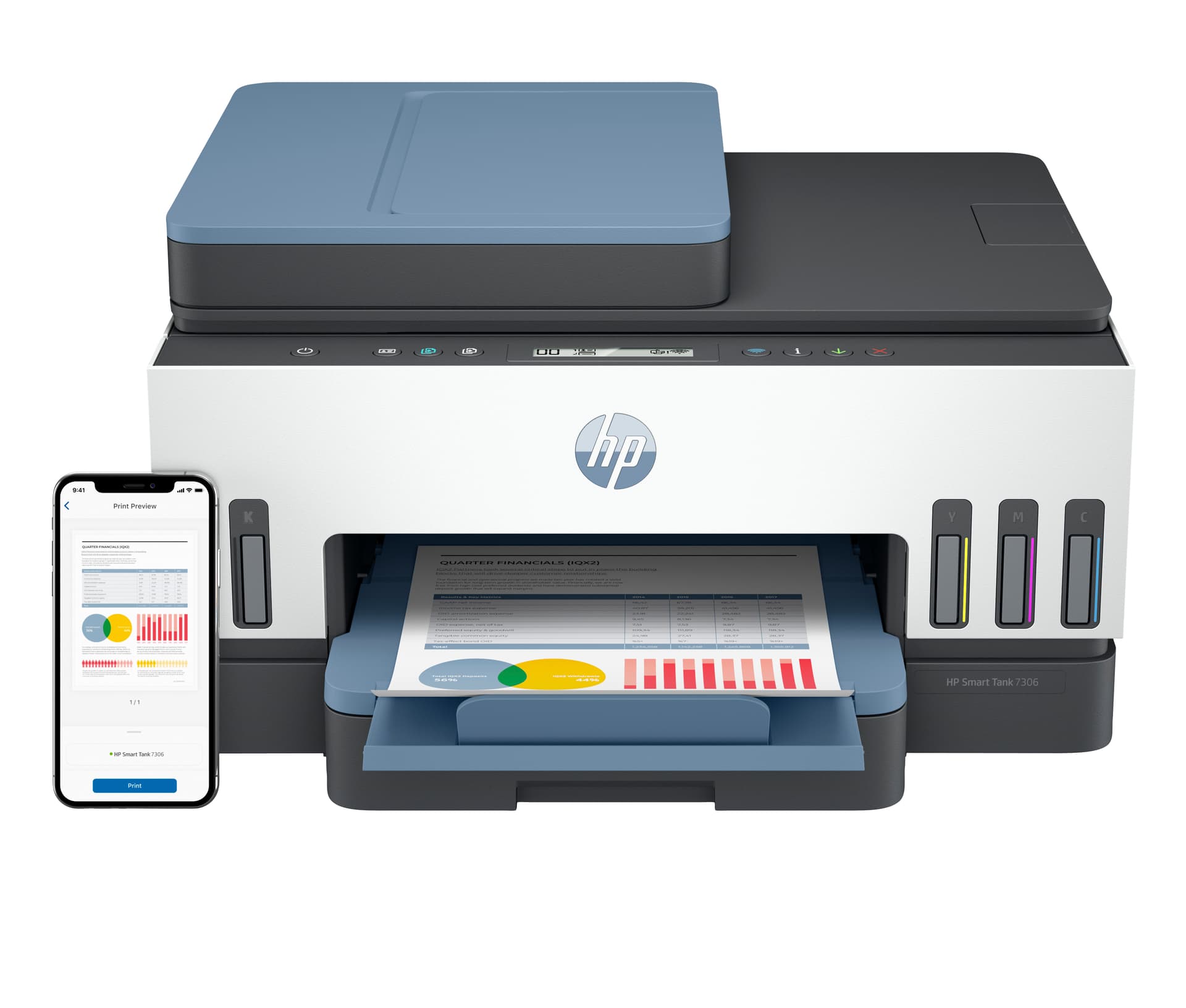 HP Smart Tank 7306 All-in-One - Impressora multi-funções - a cores - jacto de tinta - recarregável - Letter A (216 x 279 mm)/A4 (210 x 297 mm) (original) - A4/Legal (media) - até 13 ppm (cópia) - até 15 ppm (impressão) - 250 folhas - USB 2.0, Wi-Fi(n