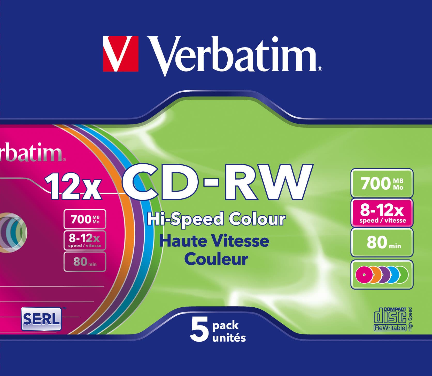 VERBATIM CD-RW 8X-12X 700MB 80MIN CAIXA SLIM COLOUR PACK 5
