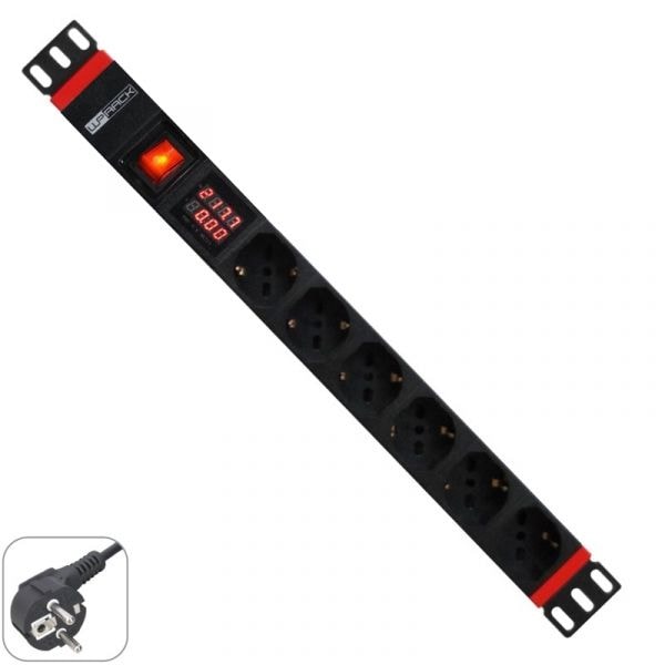 WP RACK REGUA 6 TOMADAS SCHUKO 19" PDU C/ INTERRUPTOR & MEDIDOR CORRENTE