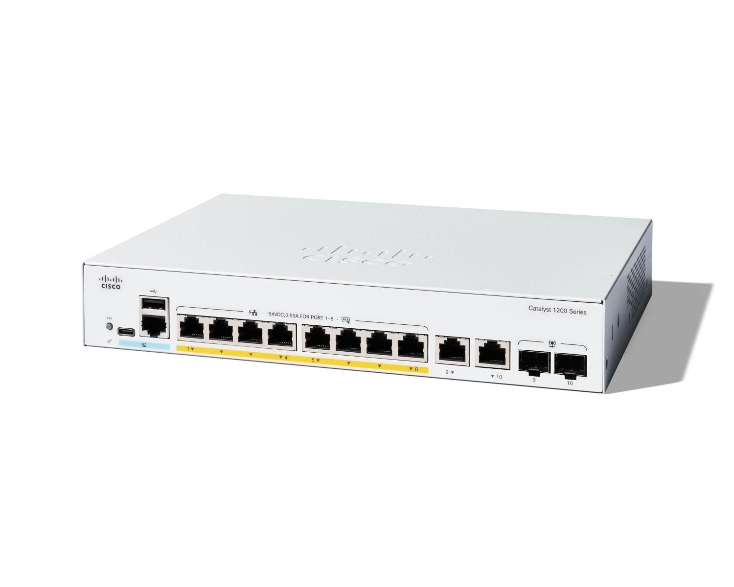 Cisco Catalyst 1200-8P-E-2G - Interruptor - L3 - inteligente - 8 x 10/100/1000 (PoE+) + 2 x combo Gigabit SFP/RJ-45 - montável em trilho - PoE+ (67 W) — imagem 1