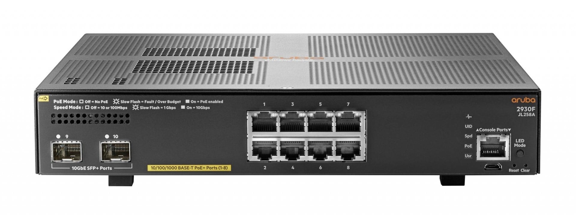 HPE Aruba 2930F 8G PoE+ 2SFP+ - Interruptor - L3 - Administrado - 8 x 10/100/1000 (PoE+) + 2 x 1 Gigabit / 10 Gigabit SFP+ (ligação ascendente) - montável em trilho - PoE+ (125 W) — imagem 1