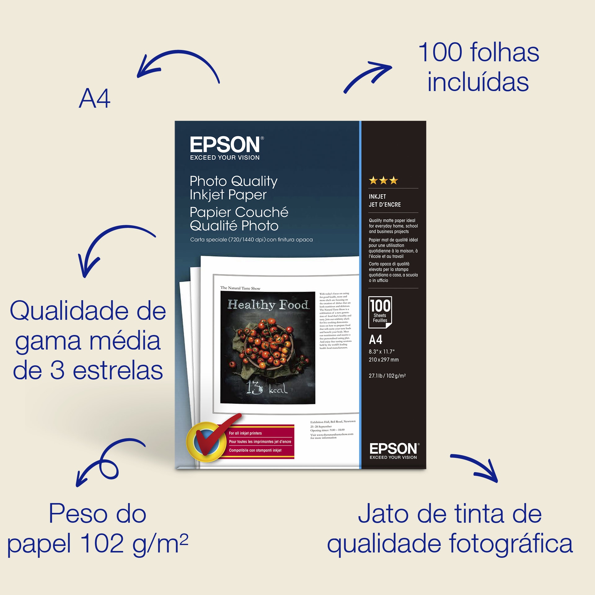Epson A4 Photo Quality Inkjet Paper 102 g/m2, 100 folhas, imagem 1