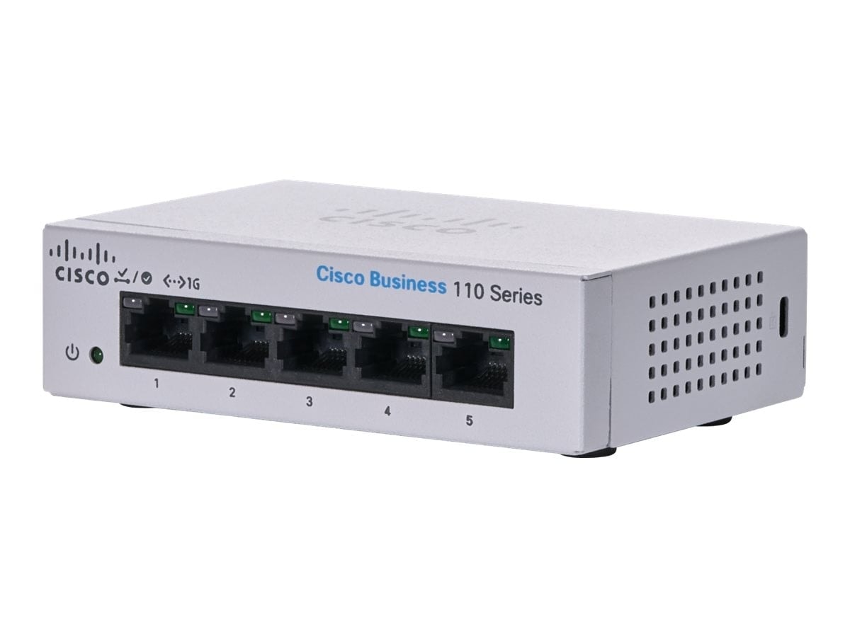 Cisco Business 110 Series 110-5T-D - Interruptor - sem gestão - 5 x 10/100/1000 - montável em trilho, desktop, montável na parede - alimentação DC — imagem 1