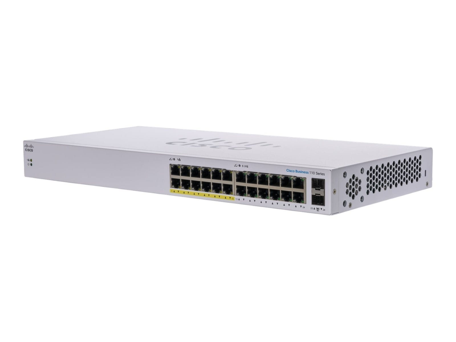 Cisco Business 110 Series 110-24PP - Interruptor - sem gestão - 12 x 10/100/1000 (PoE) + 12 x 10/100/1000 + 2 x combo Gigabit SFP - montável em trilho, desktop, montável na parede - PoE (100 W) — imagem 1