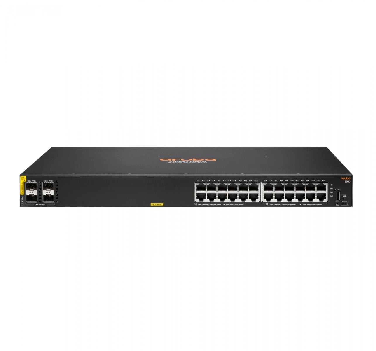 HPE Aruba 6100 24G Class4 PoE 4SFP+ - Interruptor - Administrado - 24 x 10/100/1000 + 4 x 1 Gigabit / 10 Gigabit SFP+ - fluxo de ar lado para lado - montável em trilho - PoE+ (370 W) — imagem 1