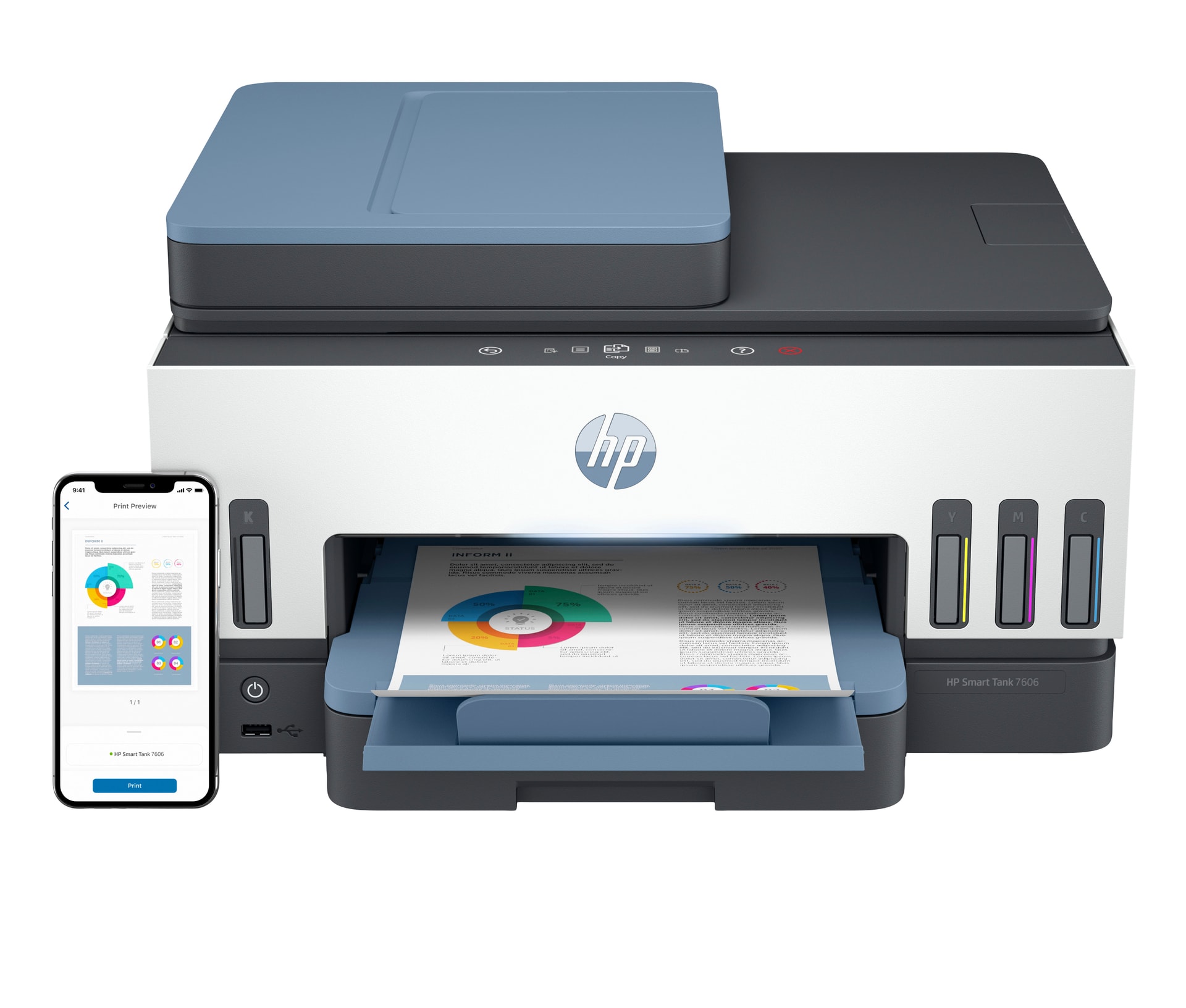 HP Smart Tank 7606 Sem fios All-in-One Cor Impressora, Impressão frente e verso; Copiadora, scanner — imagem 1