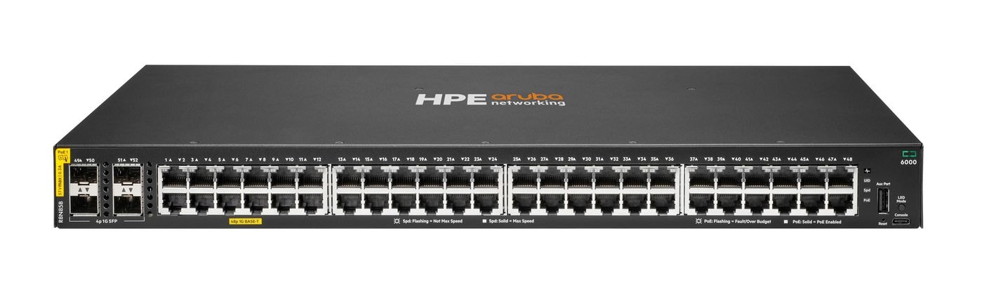 HPE Aruba Networking CX 6000 48p 10M/100M/1G Class4 PoE 4p SFP 1G 370W Switch - Interruptor - Administrado - 48 x 10/100/1000 (PoE+) + 4 x Gigabit SFP (ligação ascendente) - fluxo de ar lado para lado - montável em trilho, montável na parede - PoE+ (
