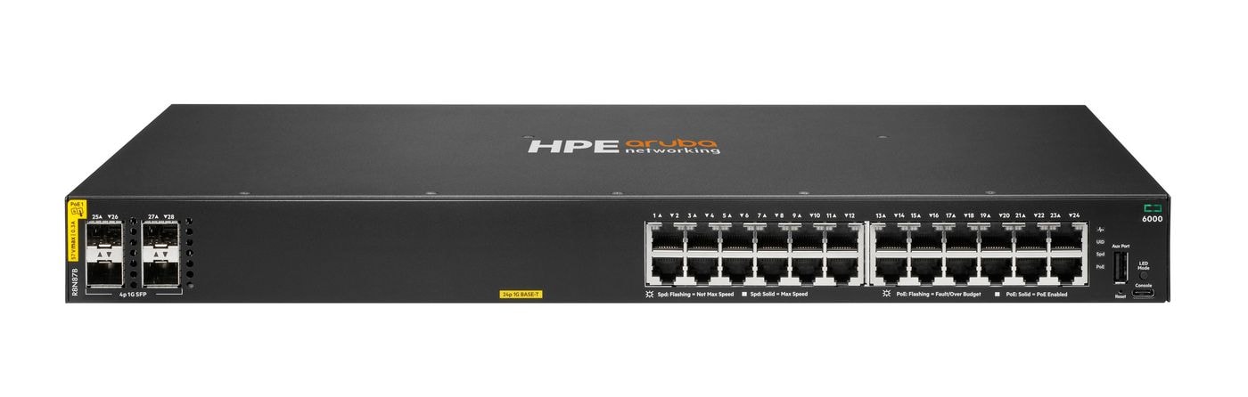 HPE Aruba Networking CX 6000 24p 10M/100M/1G Class4 PoE 4p SFP 1G 370W Switch - Interruptor - Administrado - 24 x 10/100/1000 (PoE+) + 4 x Gigabit SFP (ligação ascendente) - fluxo de ar lado para lado - montável em trilho, montável na parede - PoE+ (