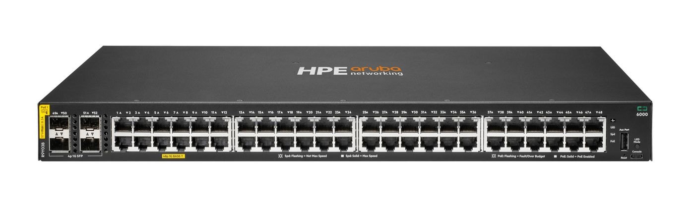 HPE Aruba Networking CX 6000 48p 10M/100M/1G Class4 PoE 4p SFP 1G 740W Switch - Interruptor - Administrado - 48 x 10/100/1000 (PoE+) + 4 x Gigabit SFP (ligação ascendente) - fluxo de ar lado para lado - montável em trilho, montável na parede - PoE+ (