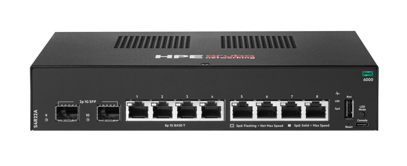 HPE Aruba Networking CX 6000 8p 10M/100M/1G 2p SFP 1G Switch - Interruptor - Administrado - 8 x 10/100/1000 + 2 x Gigabit SFP (ligação ascendente) - fluxo de ar lado para lado - montável em trilho, montável na parede - AC - BTO