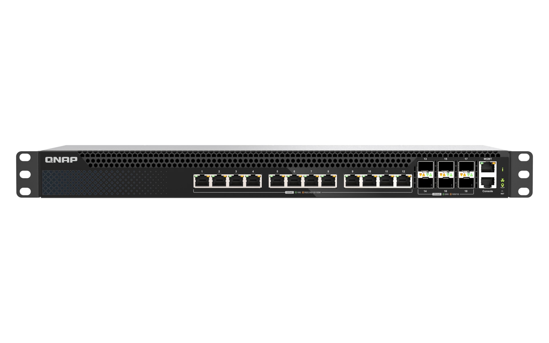 QNAP QSW-M5218-6F12T - Interruptor - L3 Lite - Administrado - 6 x 25 Gigabit SFP28 + 12 x 100/1000/2.5G/5G/10GBase-T - montável em trilho