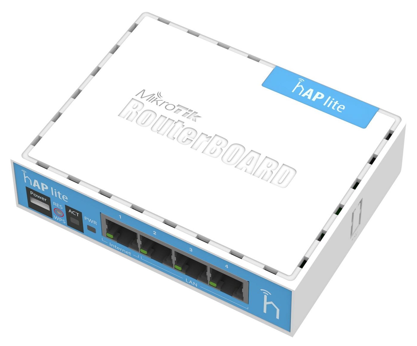 MikroTik hAP lite with 650MHz CPU, 32MB RAM, 4xLAN, built-in