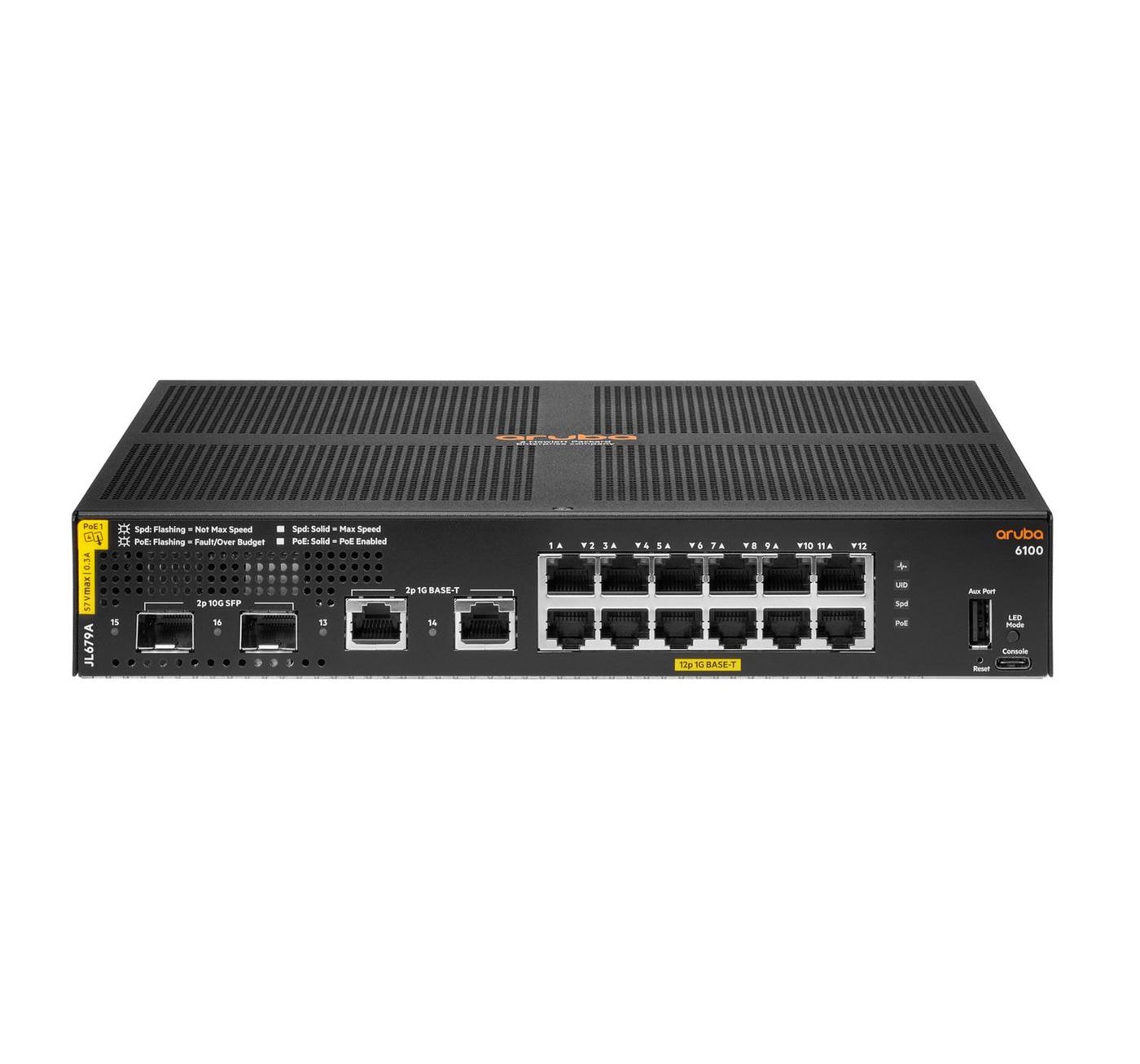 HPE Aruba 6100 12G Class4 PoE 2G/2SFP+ 139W Switch - Interruptor - Administrado - 12 x 10/100/1000 (PoE+) + 2 x 1 Gigabit / 10 Gigabit SFP+ + 2 x 1000Base-T - montável em trilho - PoE+ (139 W)