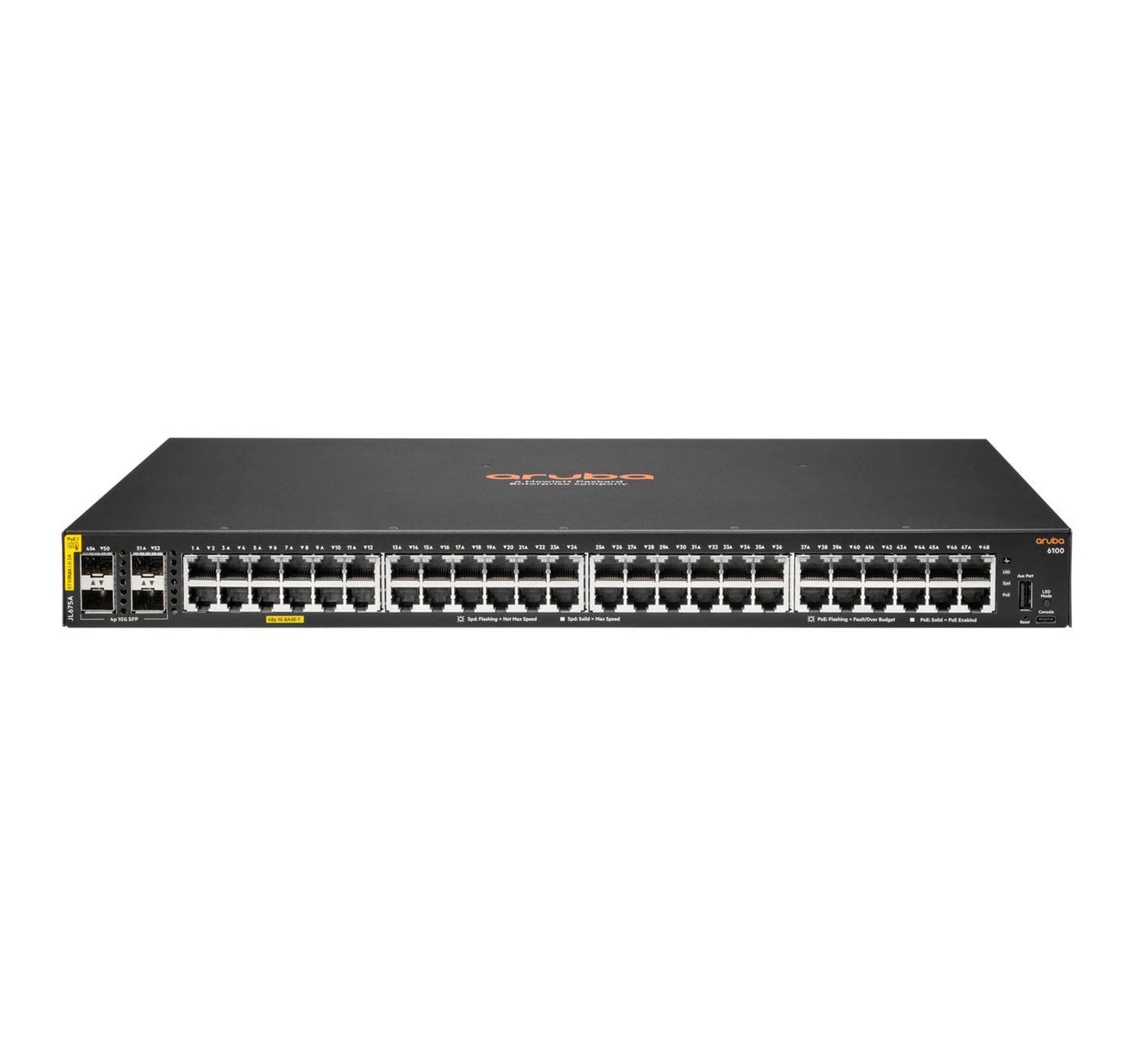 HPE Aruba 6100 48G Class4 PoE 4SFP+ 370W Switch - Interruptor - Administrado - 48 x 10/100/1000 (PoE+) + 4 x 1 Gigabit / 10 Gigabit SFP+ - fluxo de ar lado para lado - montável em trilho - PoE+ (370 W)