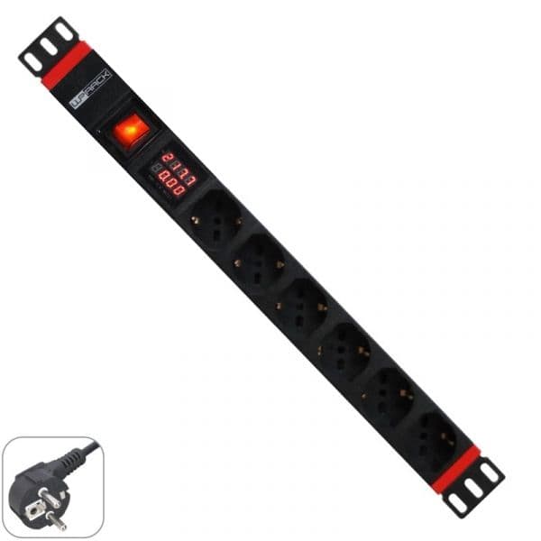 WP RACK REGUA 6 TOMADAS SCHUKO 19" PDU C/ INTERRUPTOR & MEDIDOR CORRENTE
