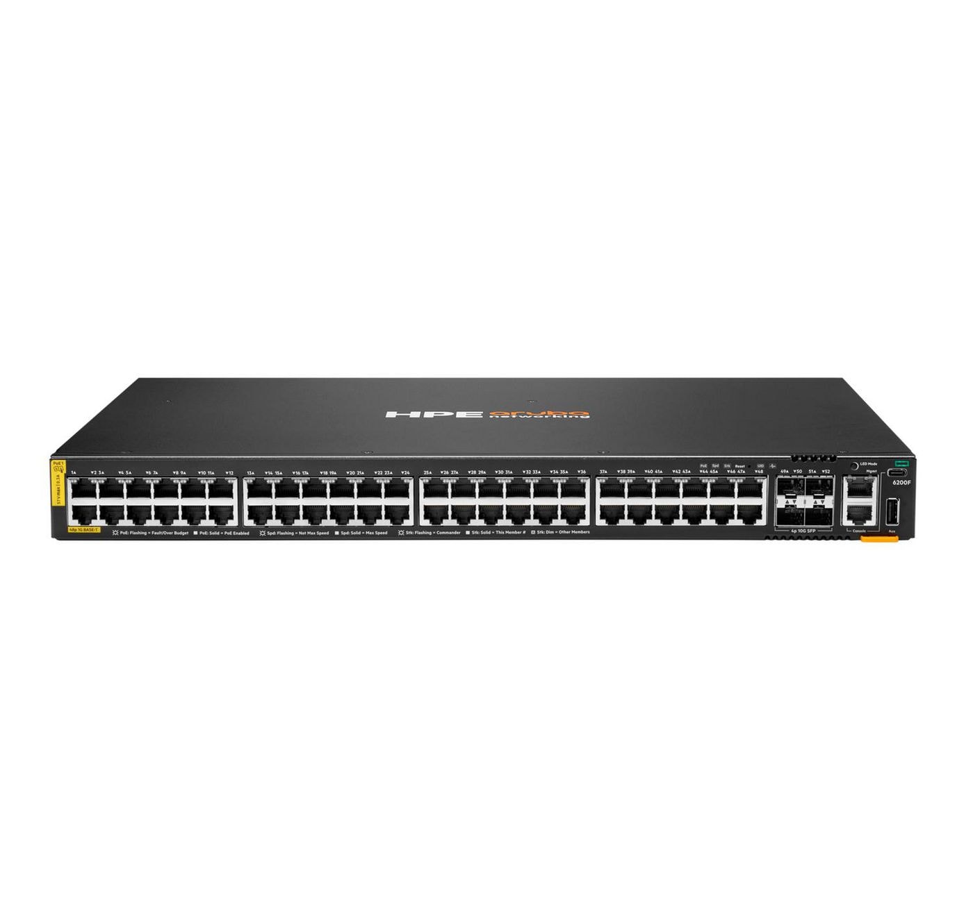 HPE Aruba 6200F 48G Class4 PoE 4SFP+ 370W Switch - Interruptor - Distância Máxima de Empilhamento de 10 km - L3 - Administrado - 48 x 10/100/1000 (PoE+) + 4 x 1 Gigabit / 10 Gigabit SFP+ (ligação ascendente) - frente e lado para trás - montável em tr