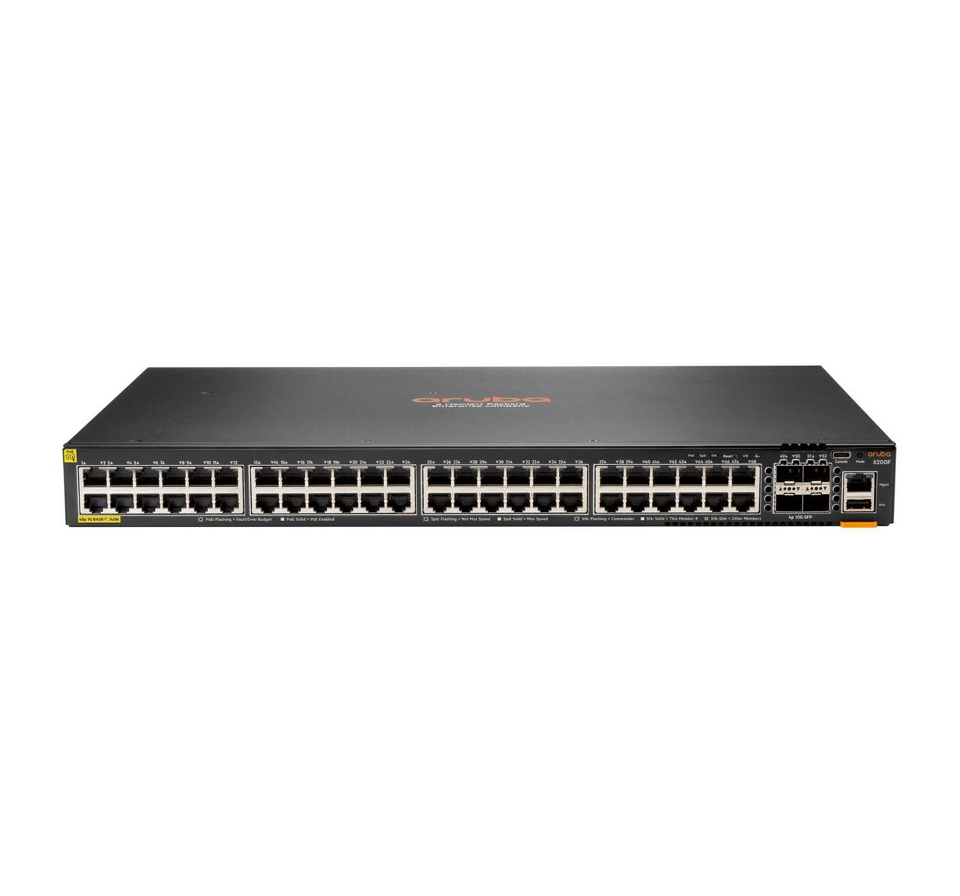 HPE Aruba Networking CX 6200F 48G Class4 PoE 4SFP+ 740W Switch - Interruptor - Distância Máxima de Empilhamento de 10 km - L3 - Administrado - 48 x 10/100/1000 (PoE+) + 4 x 1 Gigabit / 10 Gigabit SFP+ (ligação ascendente) - frente e lado para trás