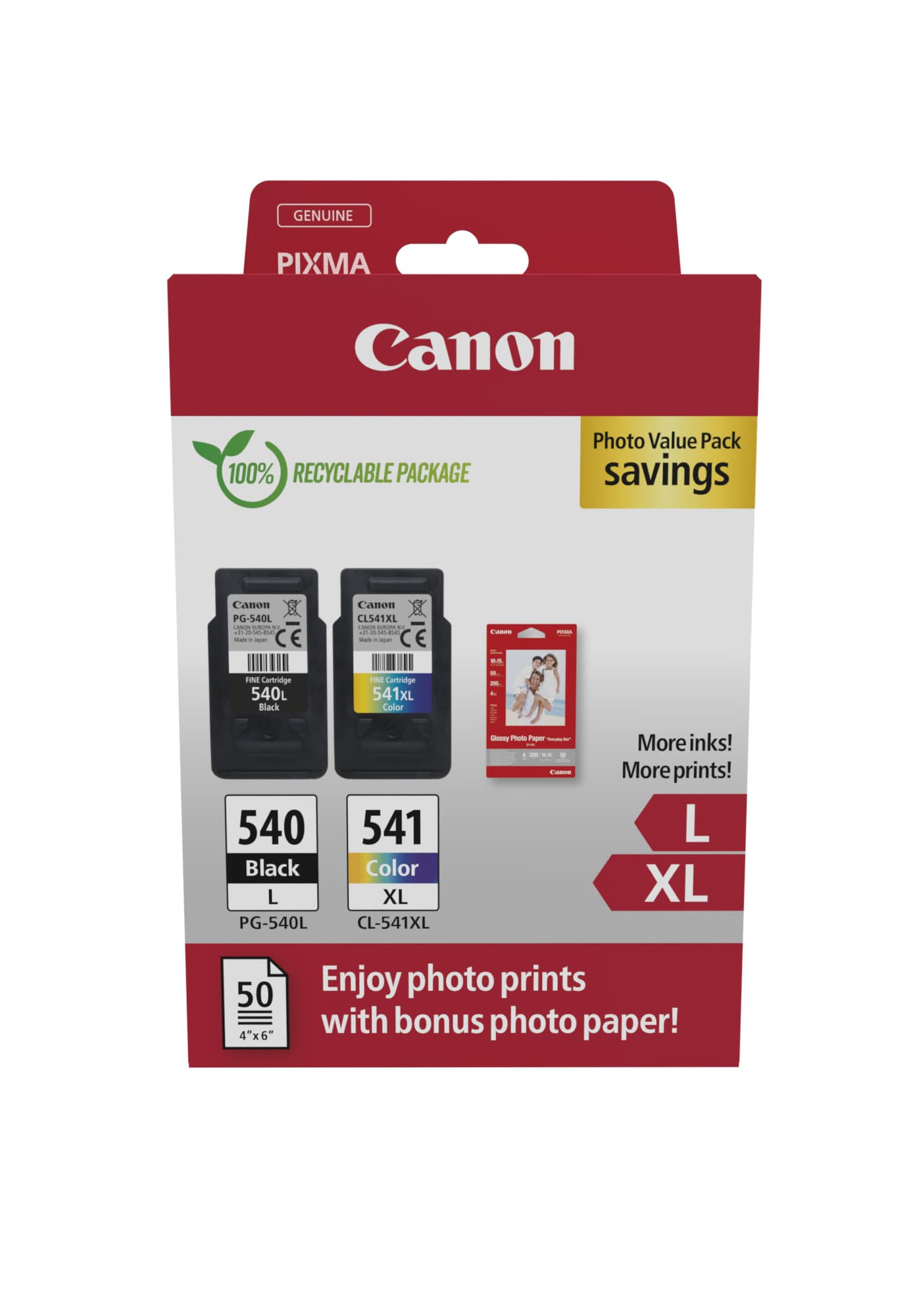 Canon PG-540L/CL-541XL Photo Value Pack - Brilhante - pack de 2 - Alto Rendimento - preto, cor (ciano, magenta, amarelo) - original - caixa pendurada - kit tinteiro / papel - para PIXMA MG3250, MG3550, MG3650, MG4250, MX395, MX455, MX475, MX525, MX53