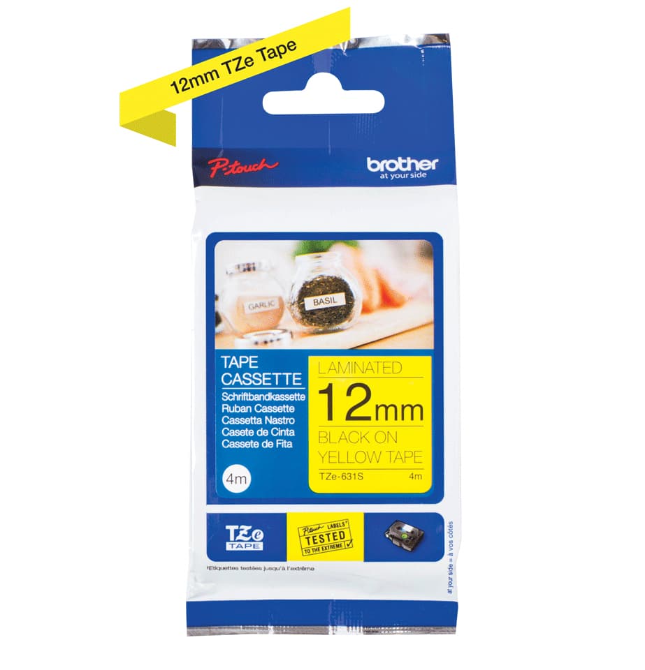 Brother TZe-631S - Preto em amarelo - Rolo (1,2 cm x 4 m) 1 cassete(s) fita laminada - para Brother PT-D210, D600, H110, P-Touch PT-1005, D200, D410, D450, D460, D610, E550, P300