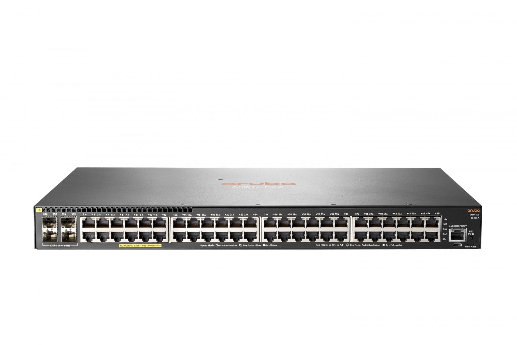 HPE Aruba 2930F 48G PoE+ 4SFP+ - Interruptor - L3 - Administrado - 48 x 10/100/1000 (PoE+) + 4 x 1 Gigabit / 10 Gigabit SFP+ (ligação ascendente) - montável em trilho - PoE+ (370 W)